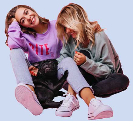 testimonial girl with pug on left